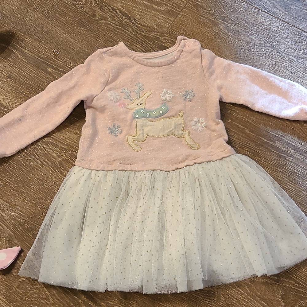 Mud Pie Pink and Cream Dress with Reindeer Motif And Gold Sparkles